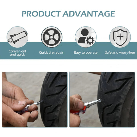 60 Pack Tire Repair Rubber Nails Vacuum Spiral Screws Kit For Cars Trucks Motorcycles And Tractors Self Service Puncture Repair Tool With Durable Heat Resistant Rubber And Effective Sealing in use on a tire with close-up view demonstrating easy and quick puncture repair.