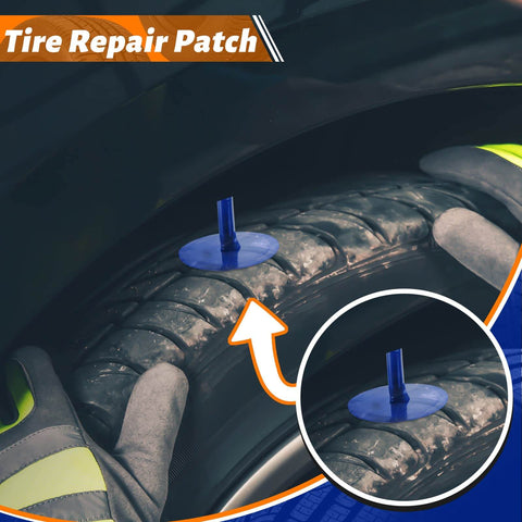 48 Piece Tire Patch Kit With Mixed Size Patches And Mushroom Plugs For Cars Motorcycles Trucks And Buses applied on tire