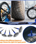 Close-up of 48 Piece Tire Patch Kit With Mixed Size Patches And Mushroom Plugs For Cars Motorcycles Trucks And Buses displayed with repair tools and tire images