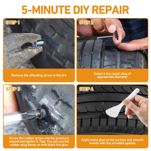 Step-by-step guide using 40 PCS Tire Repair Rubber Nails Kit with 2 Tubes of Black Tire Sealant Glue for DIY puncture repair.