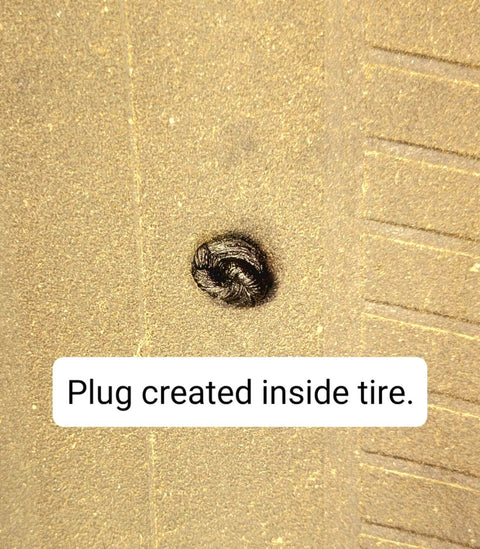 Close-up of tire with plug inserted using Tire Repair Kit Bundle With Knife Included And Insertion Tool, Box Utility Knife, 10 Repairs