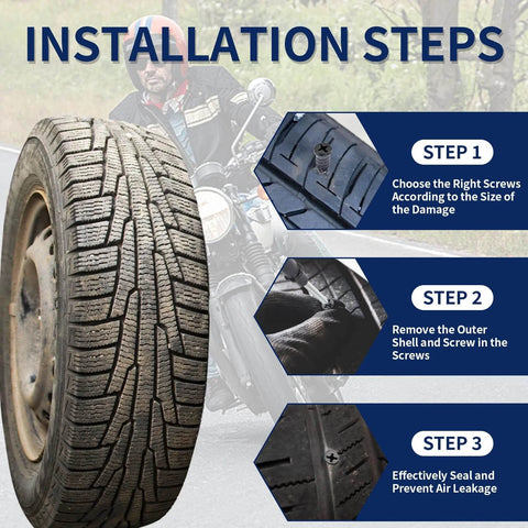Screw in Tire Plugs, 70 Pcs Tire Repair Screws, installation steps on a tire with rider background