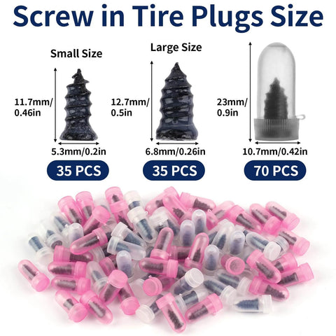 Screw in Tire Plugs, 70 Pcs Tire Repair Screws, with small and large sizes, carbon steel and rubber coating, for puncture repair.