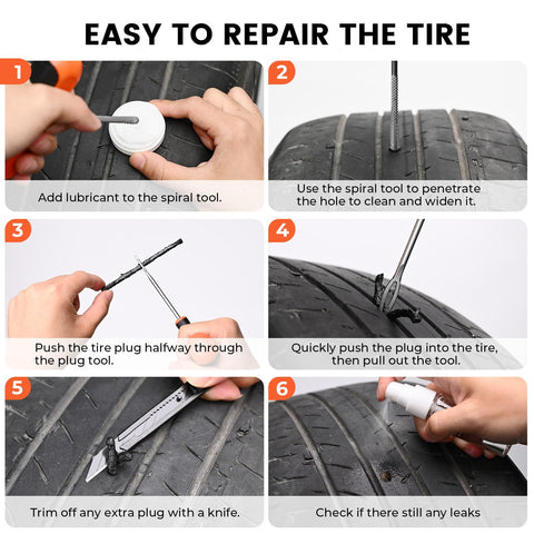 Step-by-step guide to using Flat Tire Repair Kit With Plugs 16 Pcs Heavy Duty Tire Plug Kit for repairing a car tire puncture.