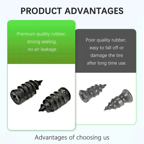 Comparison of 60PCS Tire Repair Rubber Nail,Vacuum Tire Repair Screws for Quick Fixes showing premium vs. poor quality rubber