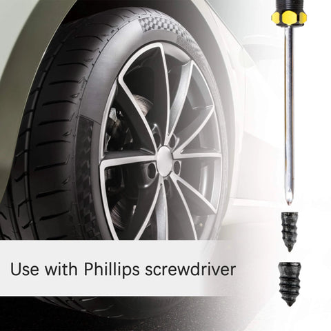 Car tire with 60PCS Tire Repair Rubber Nail, Vacuum Tire Repair Screws for Quick Fixes, clear view of screw and tire close-up.