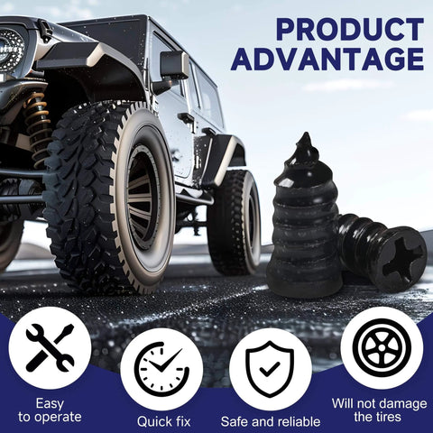 60 Pcs Tire Repair Screws, Tire Repair Rubber Nail, Screw in Tire Plugs next to an off-road vehicle, showcasing usage.