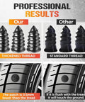 Comparison of thickened and standard thread tire repair screws and tire installation examples for Tire Repair Rubber Nail Kit with 2 Sizes.