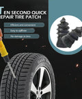 Close-up of 60 Pack Tire Repair Rubber Nails Vacuum Spiral Screws Kit being used for puncture repair on a car tire.