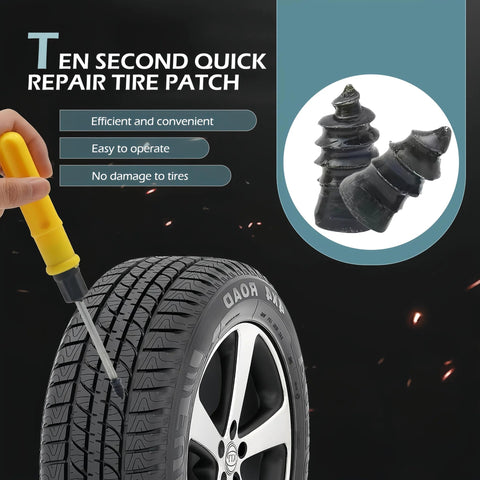 Close-up of 60 Pack Tire Repair Rubber Nails Vacuum Spiral Screws Kit being used for puncture repair on a car tire.