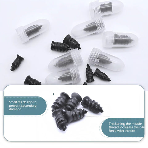 Image of 60 Pack Tire Repair Rubber Nails Vacuum Spiral Screws Kit For Cars Trucks Motorcycles And Tractors Self Service Puncture Repair Tool With Durable Heat Resistant Rubber And Effective Sealing showing black rubber nails with caps