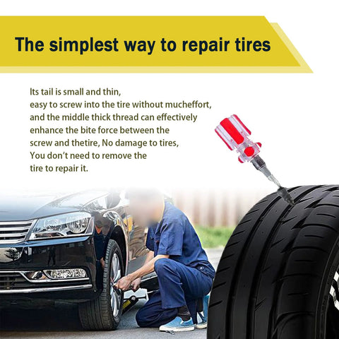 60 Pieces Tire Repair Rubber Nails Vacuum Tire Repair Kits showing use on car tire with tool, no need to remove tire for repair