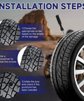 Installation steps for 60 Pcs Tire Repair Screws, showing screwdriver inserting a screw in a tire with detailed patterns.
