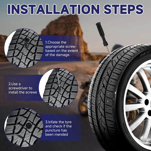 Installation steps for 60 Pcs Tire Repair Screws, showing screwdriver inserting a screw in a tire with detailed patterns.