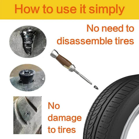 Tire Repair Nail, Self-Tapping Screw, Tire Repair Kits illustration showing puncture fix on tire without disassembly