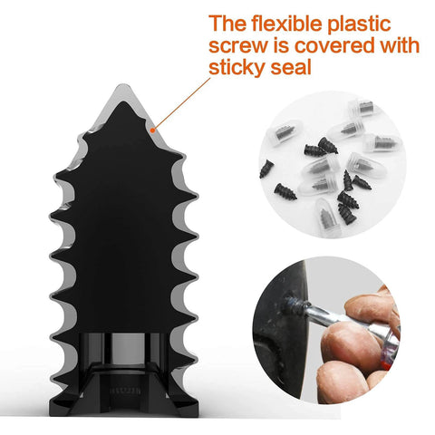 Close-up of Tire Repair Nail Self-Tapping Screw, flexible plastic material, with sticky seal and installation example for puncture repair.