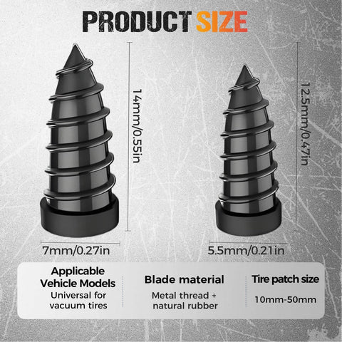 Tire Repair Rubber Nail Kit with 2 Sizes, Screw in Tire Plugs Rubber Screws, shown in two dimensions for tubeless tire repair.