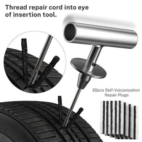 Flat Tire Repair Kit With Plugs 31 Pcs for quick puncture repair on car tire using T-handle insertion tool and repair plugs.