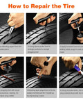Instructions for using 68 Piece Heavy Duty Tire Repair Kit With Universal Tools To Fix Punctures and Plug Flats on tires.