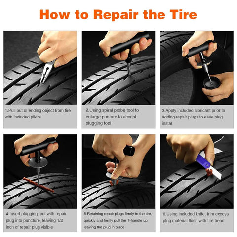 Instructions for using 68 Piece Heavy Duty Tire Repair Kit With Universal Tools To Fix Punctures and Plug Flats on tires.