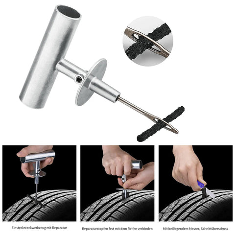 68 Piece Heavy Duty Tire Repair Kit With Universal Tools To Fix Punctures and Plug Flats, including T-handle inserting tool in use