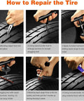 Visual guide on using the Flat Tire Repair Kit With Plugs 31 Pcs For Car Motorcycle ATV Jeep Truck Tractor to fix a puncture.