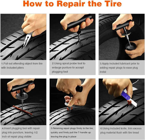 Visual guide on using the Flat Tire Repair Kit With Plugs 31 Pcs For Car Motorcycle ATV Jeep Truck Tractor to fix a puncture.