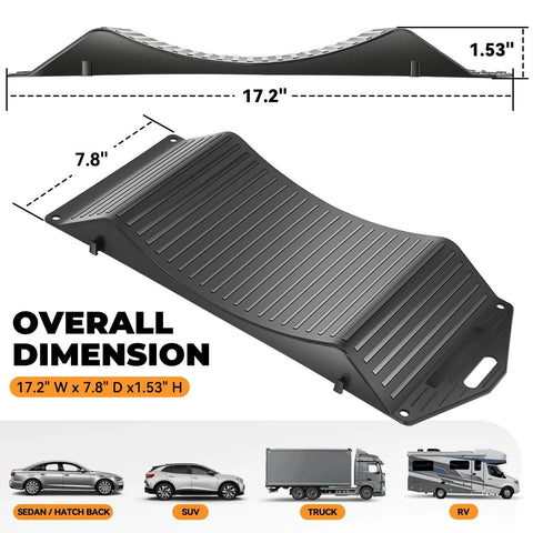 Tire Saver Ramps With Interlock Anti Slip Design For Cars And Trucks Heavy Duty Wheel Chocks For Tire Prevention And Vehicle Storage 80000 Pound Load Capacity Easy To Carry Pack Of 4, dimensions listed with vehicle types shown.