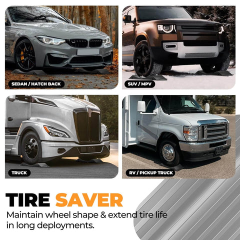 Front view of diverse vehicles using Tire Saver Ramps With Interlock Anti Slip Design For Cars And Trucks Heavy Duty Wheel Chocks