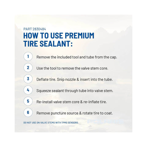 Instruction guide on how to use 32 Oz Premier Tire Puncture Repair Sealant Seals Leaks Instantly for tubeless tires.