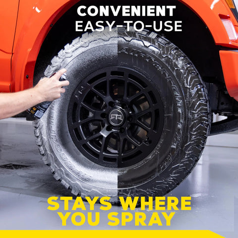 Side view of a tire being sprayed with Hot Shine Tire Foam High Gloss Tire Shine That Cleans Shines And Protects In One Easy Spray Step.