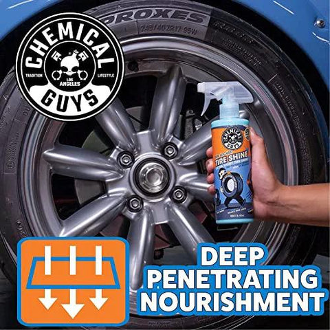 Person holding Tire Kicker Sprayable Extra Glossy Tire Shine Spray Dry To Touch Dressing Restores Wet Look To Rubber Vinyl And Plastic