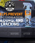 Bottle of Tire Kicker Sprayable Extra Glossy Tire Shine Spray Dry To Touch Dressing Restores Wet Look To Rubber Vinyl And Plastic Safe For Cars Trucks Motorcycles RVs And More With Long Lasting Gloss And Fade Resistant Finish 16 Oz shown on a truck bed with before and after application results.