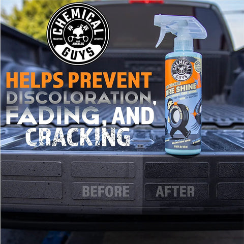 Bottle of Tire Kicker Sprayable Extra Glossy Tire Shine Spray Dry To Touch Dressing Restores Wet Look To Rubber Vinyl And Plastic Safe For Cars Trucks Motorcycles RVs And More With Long Lasting Gloss And Fade Resistant Finish 16 Oz shown on a truck bed with before and after application results.