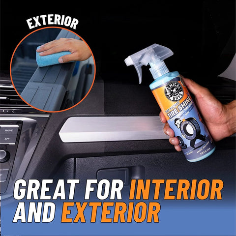 Person holding Tire Kicker Sprayable Extra Glossy Tire Shine Spray Dry To Touch Dressing Restores Wet Look To Rubber Vinyl And Plastic Safe For Cars Trucks Motorcycles RVs And More With Long Lasting Gloss And Fade Resistant Finish 16 Oz, illustrating application on vehicle interior.