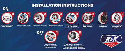Installation instructions for Pro Series Tire Snow Socks For Cars, SUVs And Vans Quick Install Snow Traction Device with images and steps.