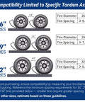 Diagram showing 6 inch lift camper leveling blocks compatibility with 26, 29, and 32 inch tires for tandem axles.