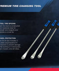 NEIKO 20601A 14.5” Steel Tire Spoons Tool Set with three tire spoons and polypropylene rim protectors displayed on textured background.