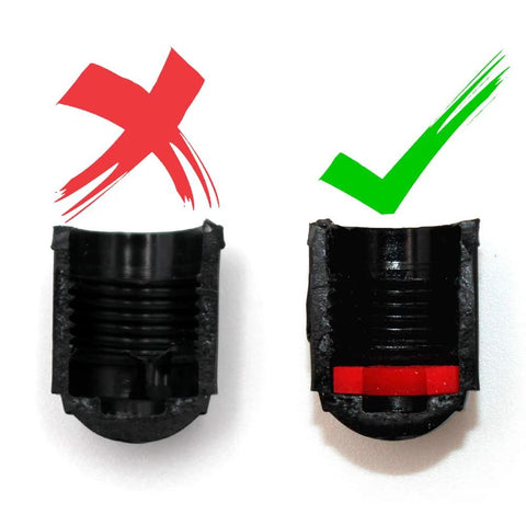 Comparison of black valve caps with an O-ring seal for airtight protection. 30 Pack Universal Tire Valve Caps With O Ring For Cars SUVs Trucks Motorcycles Bicycles And More Airtight Seal Heavy Duty Black Easy To Install With Ribbed Striped Top For Firm Grip And Long Lasting Dust Protection.