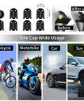 Image showing black tire valve caps with dimensions and usage on bicycle, motorbike, car, and SUV.