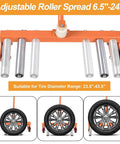 Heavy-Duty Adjustable Tire Wheel Dolly for Workshop, Garage, Orange, showing adjustable roller spread and tire compatibility