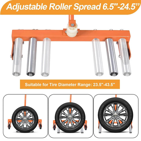 Heavy-Duty Adjustable Tire Wheel Dolly for Workshop, Garage, Orange, showing adjustable roller spread and tire compatibility