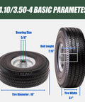 Diagram of ✝️ 4.10/3.50-4 tire & wheel flat free with dimensions, featuring 5/8 in axle bore and 2.15 in hub offset