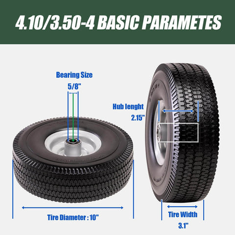 Diagram of ✝️ 4.10/3.50-4 tire & wheel flat free with dimensions, featuring 5/8 in axle bore and 2.15 in hub offset