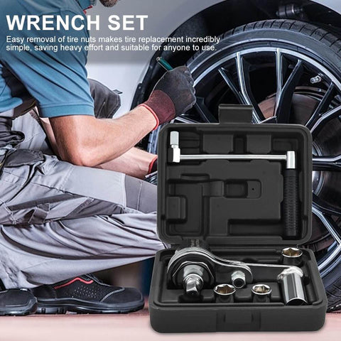 Heavy Duty Tire Iron Wrench Set With Chrome Plated Vanadium Steel Construction And 17mm 19mm 21mm Sockets For Quick Auto Repairs Roadside Emergency Kit Must Have Built Tough For Everyday Grinds displayed in portable case.