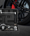 Heavy Duty Tire Iron Wrench Set With Chrome Plated Vanadium Steel Construction And 17mm 19mm 21mm Sockets For Quick Auto Repairs Roadside Emergency Kit Must Have Built Tough For Everyday Grinds in black carry case in front of car wheel.