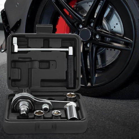 Heavy Duty Tire Iron Wrench Set With Chrome Plated Vanadium Steel Construction And 17mm 19mm 21mm Sockets For Quick Auto Repairs Roadside Emergency Kit Must Have Built Tough For Everyday Grinds in black carry case in front of car wheel.