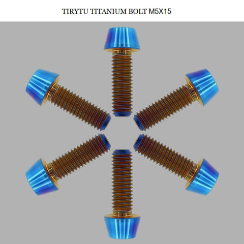 Display of ✝️ TIRYTU Titanium Bolts M5x15, corrosion resistant, burnt blue hex socket screws for bikes, motorcycles, marine use, tapered head (6PC).