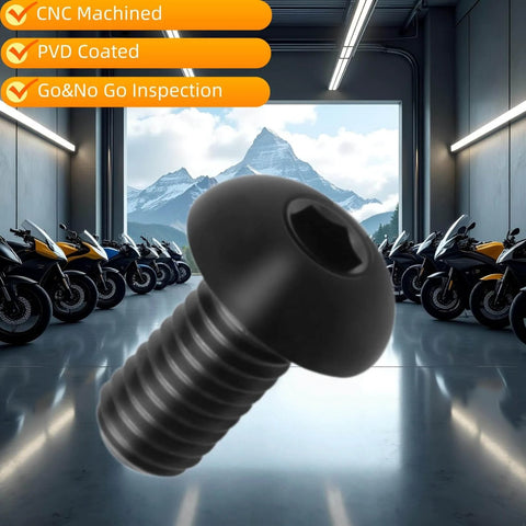 Close-up of a TIRYTU 10PCS Titanium Bolt M5x15mm in a garage with motorcycles, emphasis on CNC machined, PVD coated features.