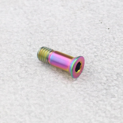 Close-up of ECSiNG titanium alloy fixing screw for bicycle derailleur bolt, multicolor